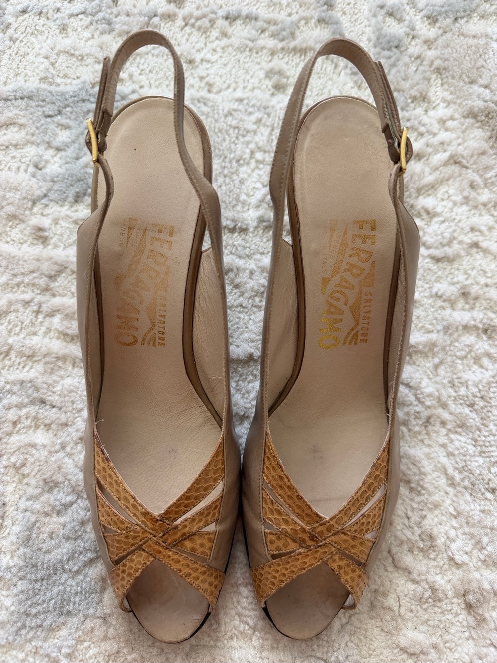 Salvatore Ferragamo Tan Slingback Peep-Toe Heels